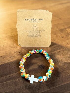 🏷️‼️5$25🏷️‼️✝️Multicolor Baptism Beaded Bracelet with White Cross/NIP✝️